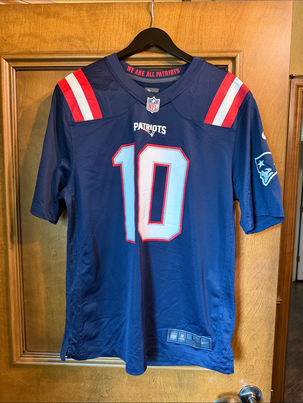 NFL Patriots Mac Jones Navy Football Jersey with Red and White Accents #10